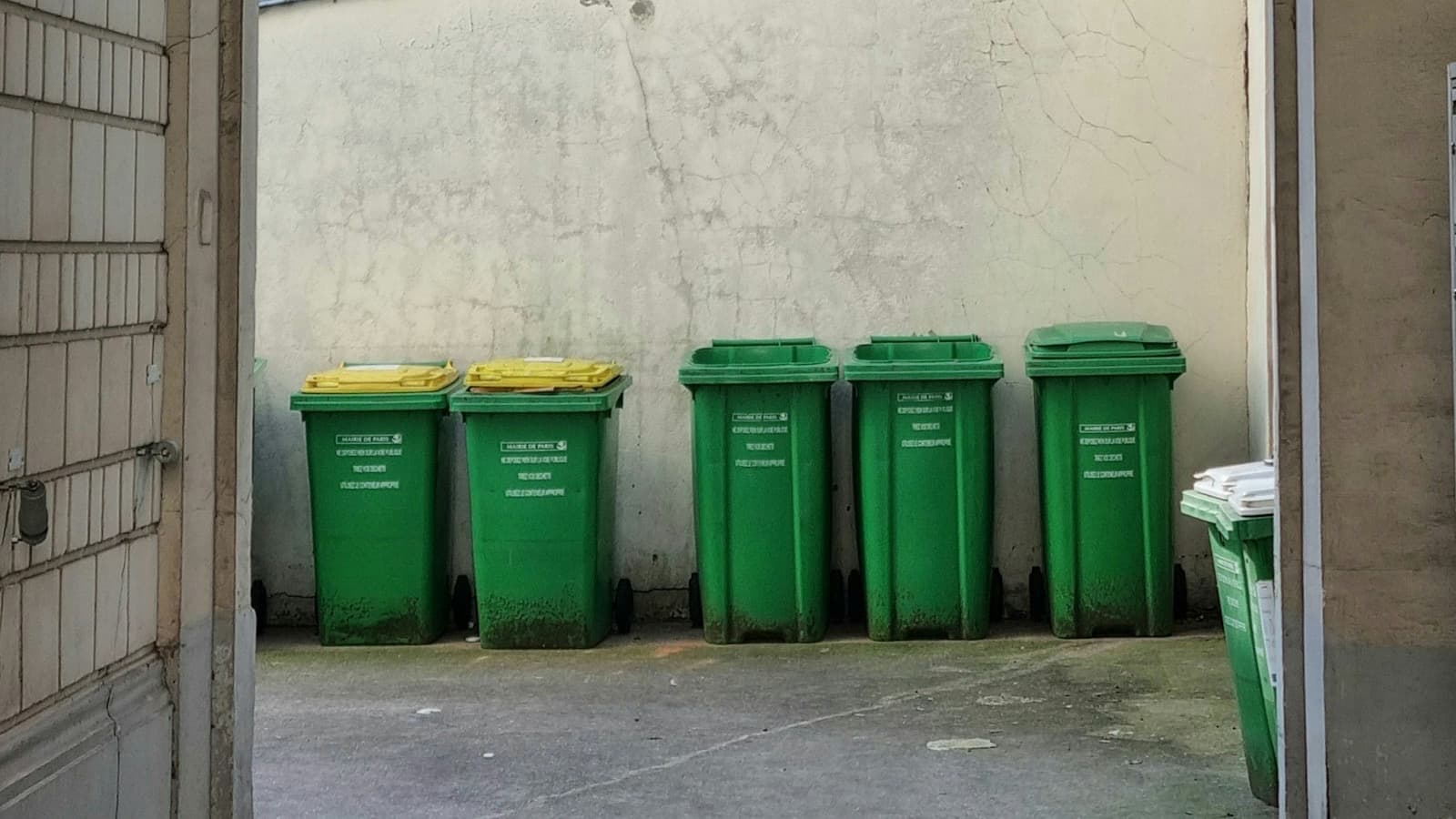 Bacs poubelles verts et jaunes dans la cour d'un immeuble parisien